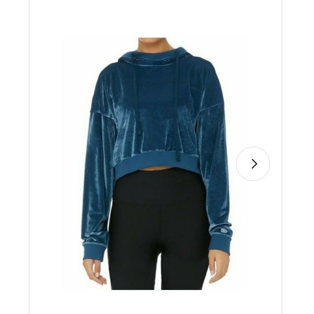 Alo Yoga Womens Teal Blue Velvet Cropped Hoodie Relaxed Fit Long Sleeve Top